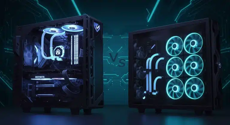 Liquid cooling system with glowing tubes next to an air cooler with large fans in a high-performance PC setup.