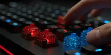 Detailed view of mechanical keyboard switches for gaming with RGB lighting