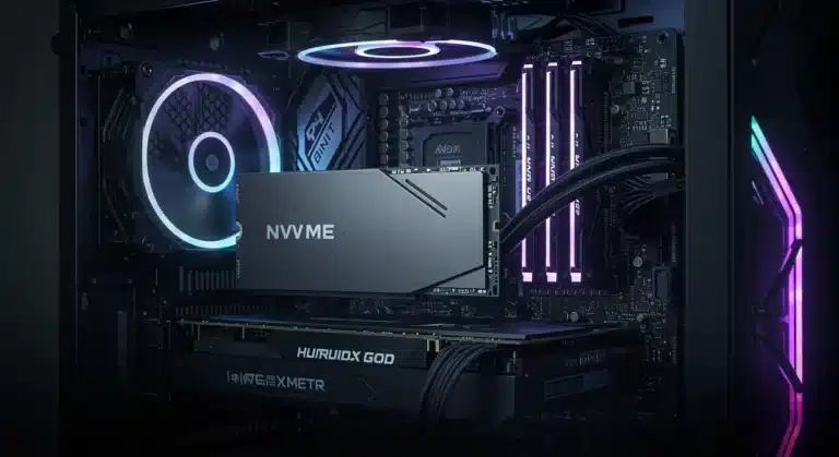 NVMe SSD installed in a high-performance gaming PC motherboard