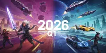 Dynamic collage of anticipated PC game genres for Q1 2026, including fantasy, sci-fi, racing, and open-world adventure, showcasing diverse gameplay elements.