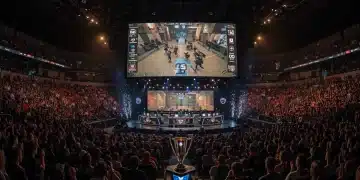 Packed esports arena during a major CS2 tournament in the US, with a trophy on display and players competing on stage.