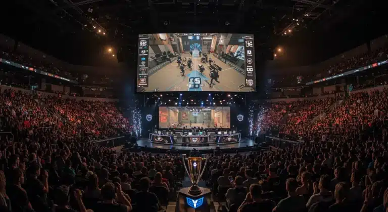 Packed esports arena during a major CS2 tournament in the US, with a trophy on display and players competing on stage.