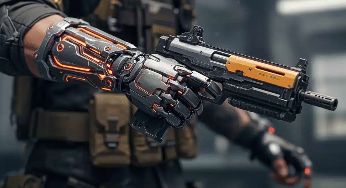 Close-up of a cybernetic arm holding a futuristic weapon, showcasing enhanced game mechanics and detailed graphics.