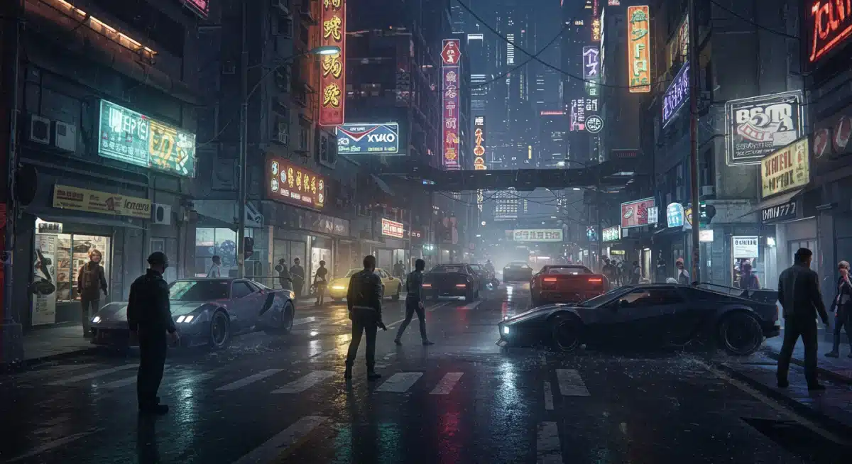 Dynamic Night City street scene with improved NPC AI, futuristic cars, and weather effects, highlighting open-world enhancements.