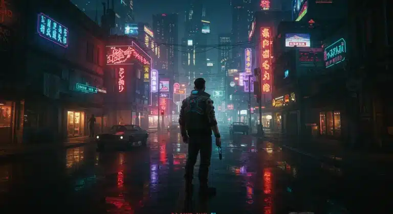 Night City skyline at night with neon lights, Cyberpunk 2077 character in foreground, symbolizing game's updated future.