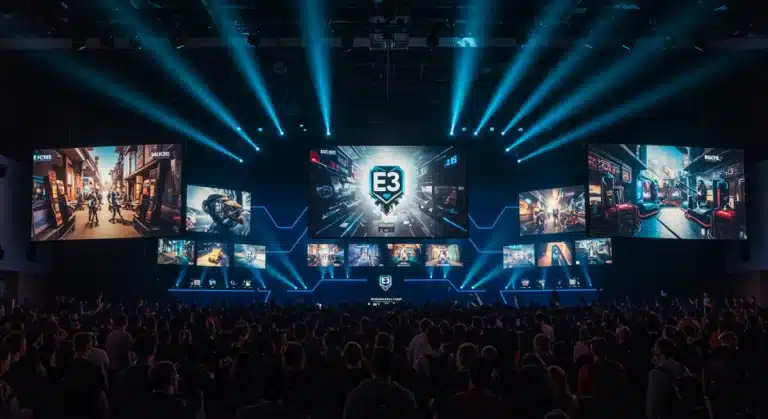 E3 2026 convention floor with screens displaying upcoming PC games