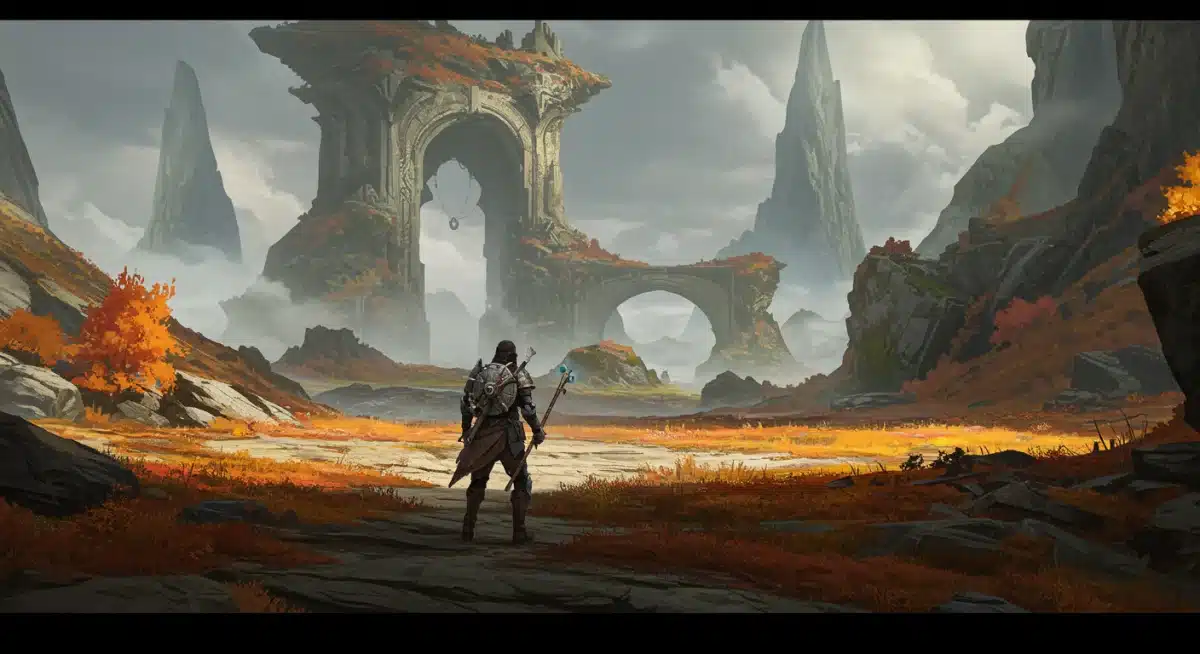 Stunning open-world RPG screenshot from an upcoming Q1 2026 PC game, depicting a vast fantasy landscape.