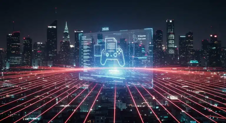 Futuristic cityscape with legal overlay symbolizing new copyright legislation impacting PC game modding in 2026.