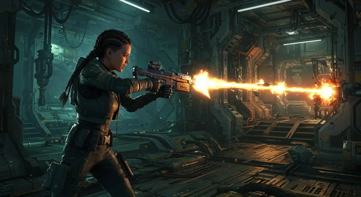 Starfield combat scene in a new internal location from the upcoming 2026 expansion.