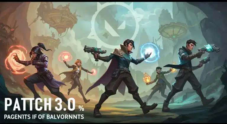 Valorant agents showcasing abilities with 'Patch 3.0' and '15% Agent Balance Changes' text overlay, set against a dynamic map backdrop.