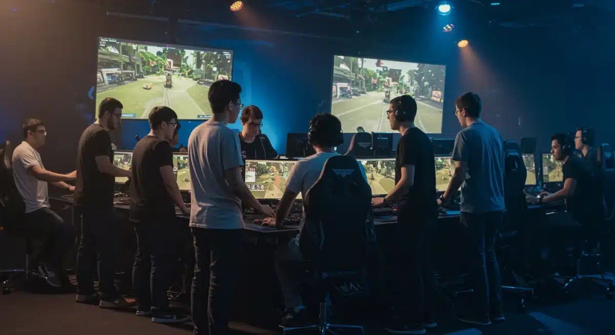 Esports arena with gamers collaborating, large screens showing competitive play, highlighting professional gaming.