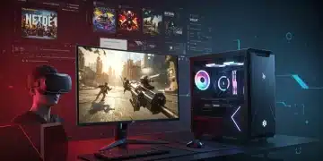 Futuristic PC gaming setup with VR headset and high-refresh-rate monitor, showcasing cutting-edge gaming technology.