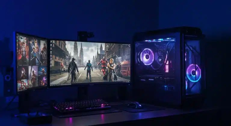 Futuristic PC gaming setup with multiple screens and vibrant lights, representing January 2026's top news.