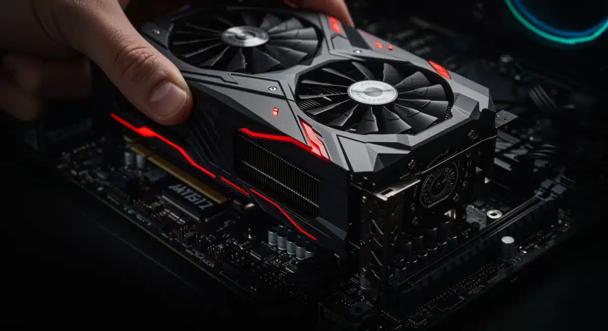 Close-up of a high-performance graphics card installation in a gaming PC.