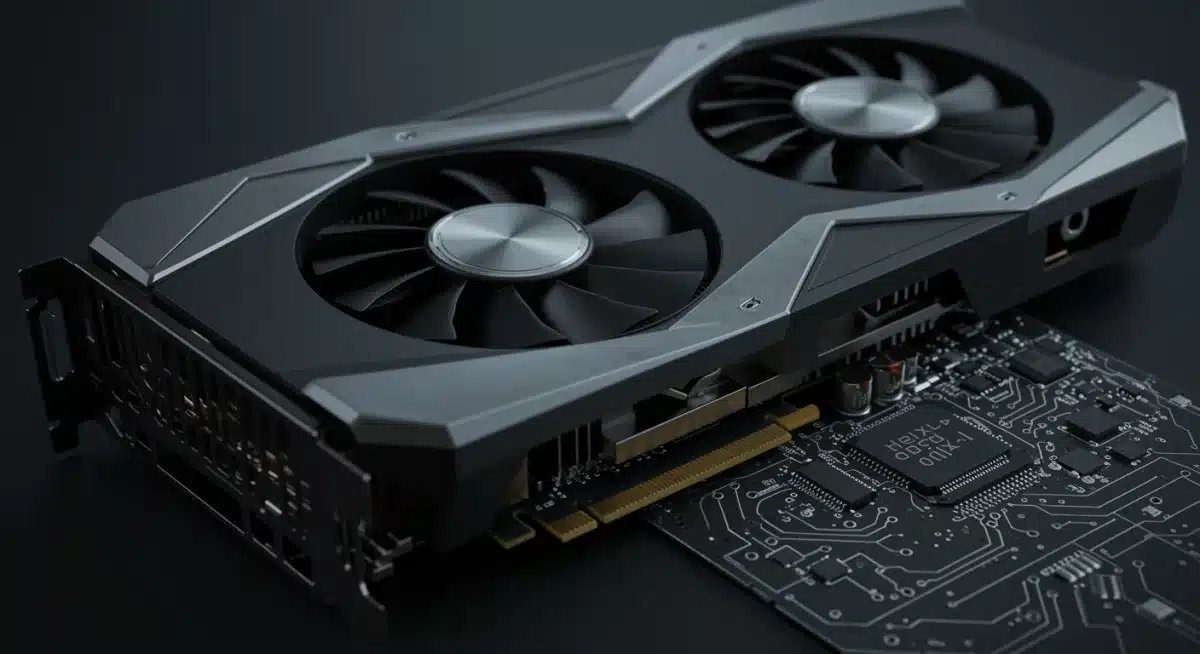 Close-up of a next-generation graphics card with microchip blueprint, highlighting advanced PC gaming hardware.