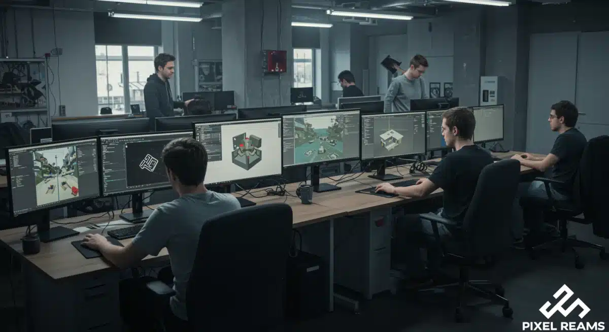 Pixel Dreams development team collaborating on their Q2 2026 PC gaming project.