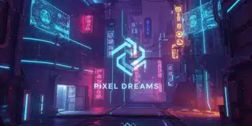 Futuristic cityscape with neon lights symbolizing Pixel Dreams' revolutionary PC gaming title.