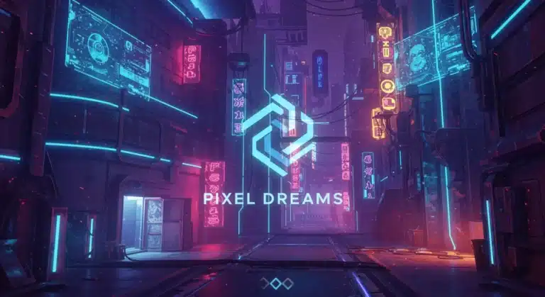 Futuristic cityscape with neon lights symbolizing Pixel Dreams' revolutionary PC gaming title.