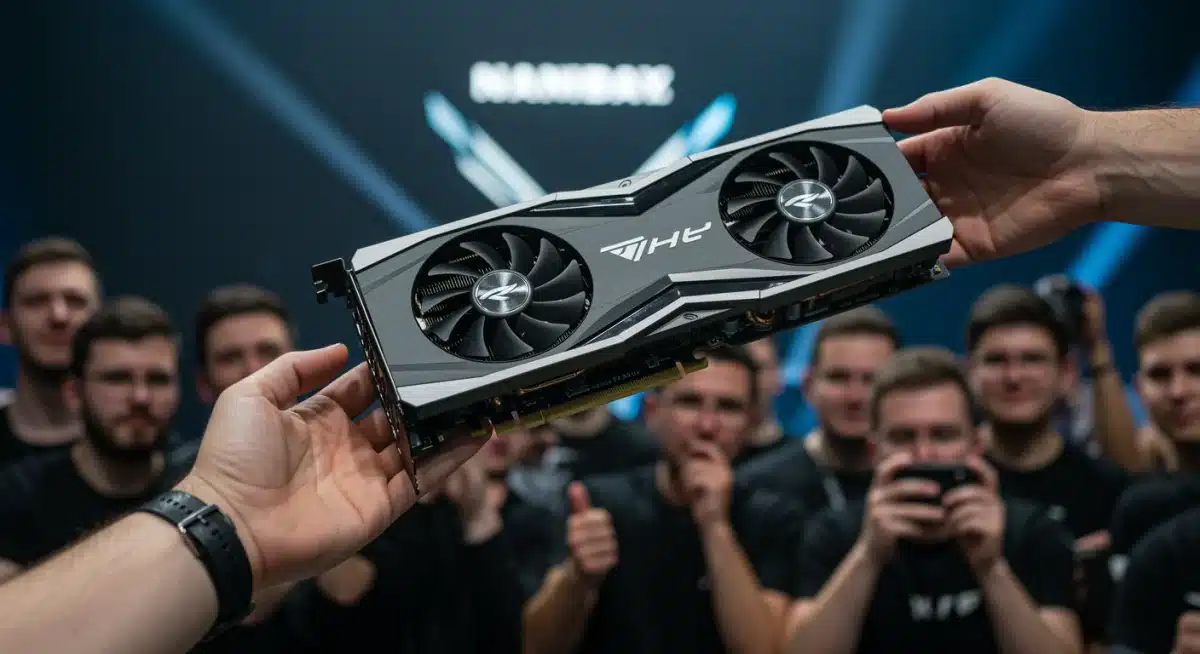 Revolutionary graphics card unveiling at a tech conference, exciting PC gamers.