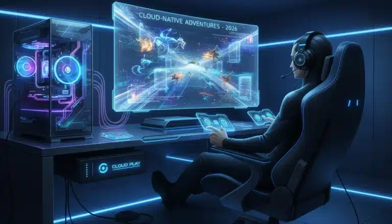 Futuristic PC gaming setup for 2026 cloud-native titles