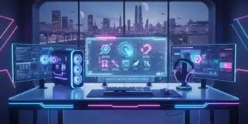 Futuristic PC gaming setup with holographic display, symbolizing 2026 developer survey insights