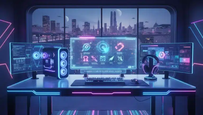 Futuristic PC gaming setup with holographic display, symbolizing 2026 developer survey insights