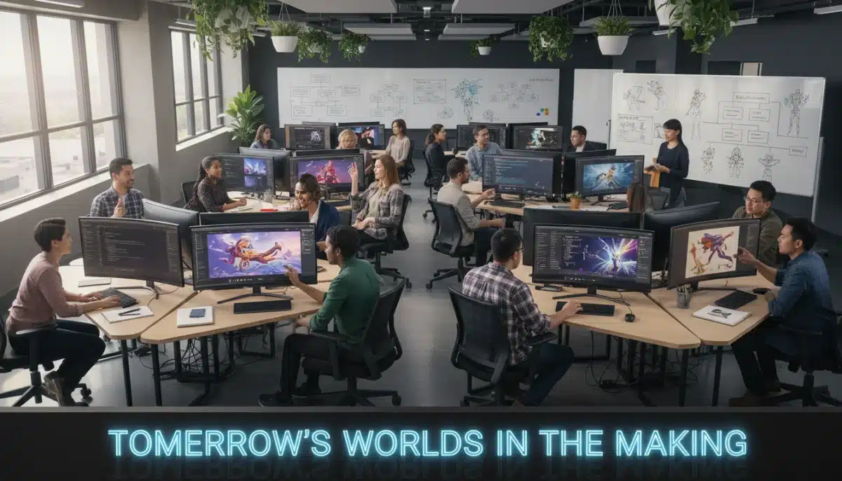 Game developers collaborating on future game releases in a modern office environment