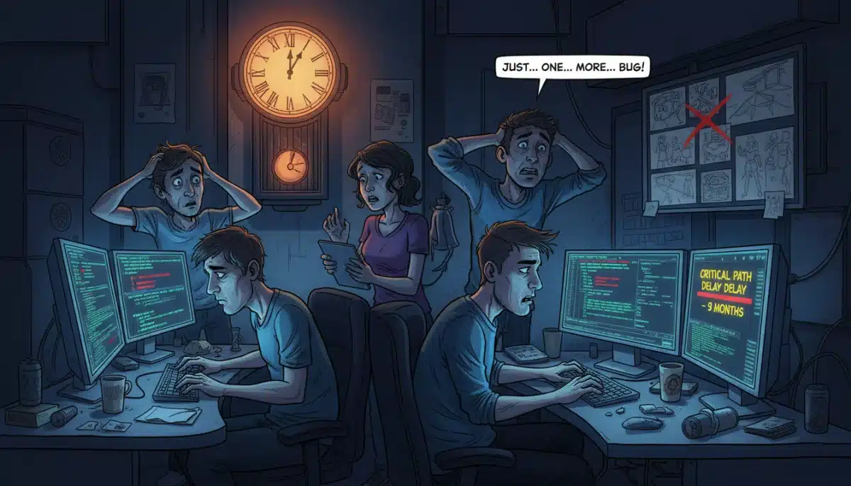 Stressed game development team facing challenges, leading to project delays.