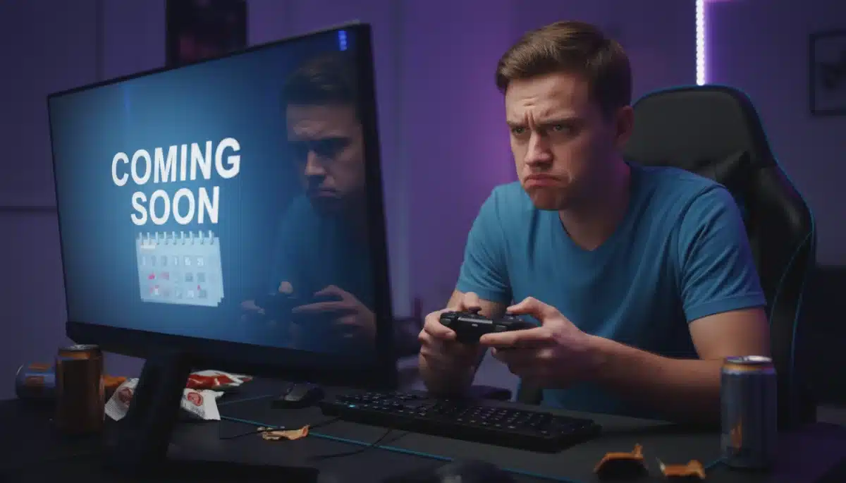 Disappointed gamer reacting to a 'Coming Soon' screen after game delay news.