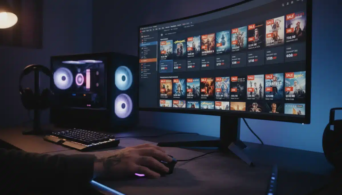 Gamer browsing Steam library during a sale event on a high-end PC