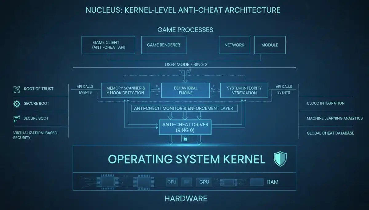 Diagram of a kernel-level anti-cheat system architecture, showing its operational layers.