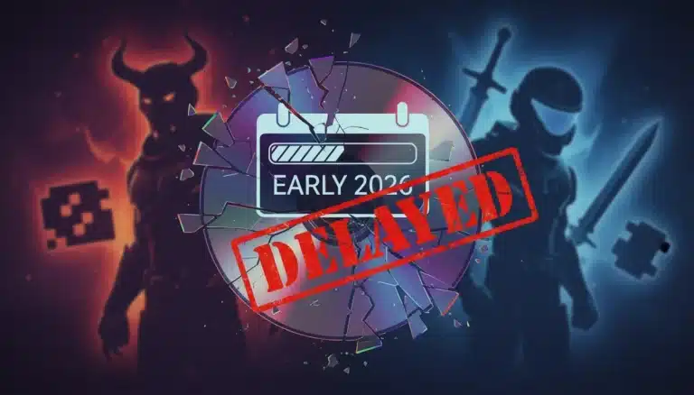 Shattered game disc and 'Delayed' stamp over 'Early 2026' calendar, representing PC gaming delays.