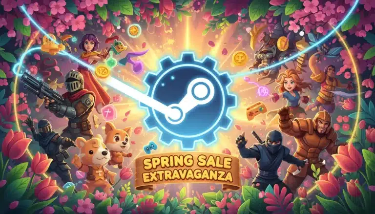 Steam Spring Sale 2026 banner with diverse game characters and spring theme