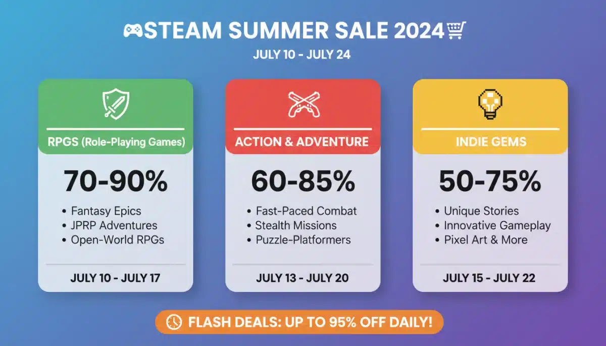 Infographic showing Steam Spring Sale 2026 dates and genre discounts