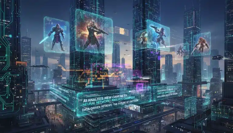 AI-powered narratives transforming PC gaming news coverage in Q1 2026, showing a holographic interface with gaming data.