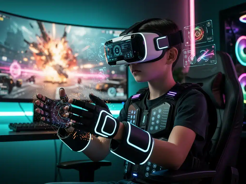 Gamer experiencing full-body haptic feedback with VR headset, haptic gloves, and vest in an immersive virtual reality game.