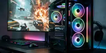 Futuristic gaming setup with high-performance GPU and monitor