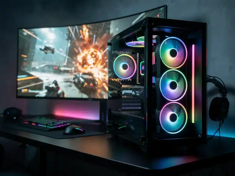 Futuristic gaming setup with high-performance GPU and monitor
