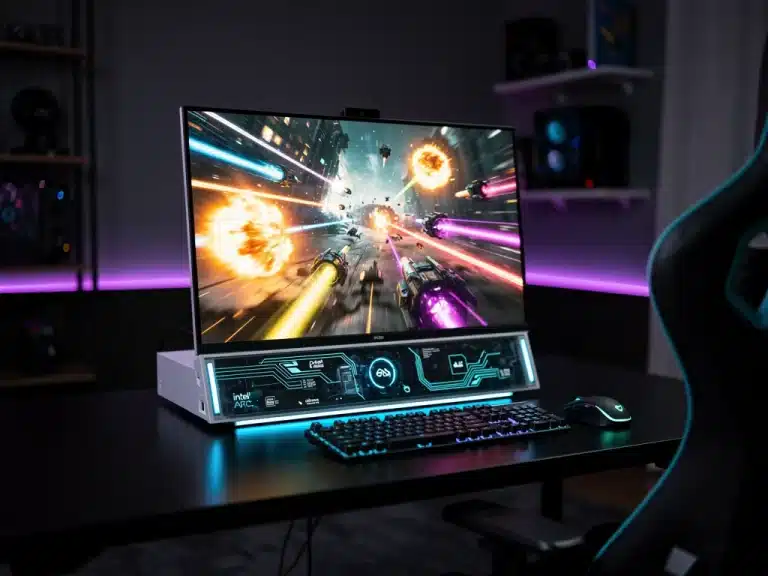 Futuristic gaming setup with integrated graphics for 1080p gaming