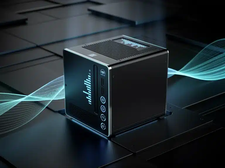 Futuristic high-efficiency power supply unit with blue energy indicators