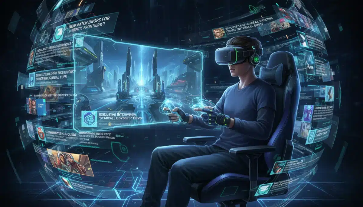 Gamer experiencing personalized AI-powered news feeds within a virtual reality environment.