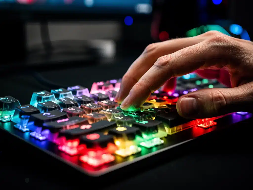 Gamer's hand pressing keys on a mechanical keyboard during competitive play