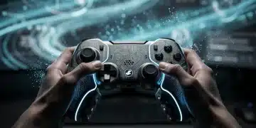 Futuristic gaming controller with advanced haptic feedback technology in 2026, enhancing immersion in virtual worlds.