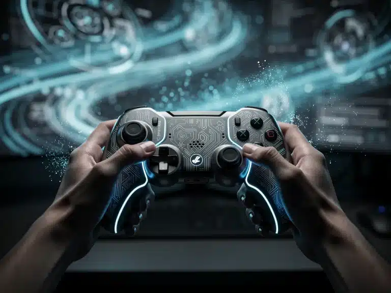 Futuristic gaming controller with advanced haptic feedback technology in 2026, enhancing immersion in virtual worlds.