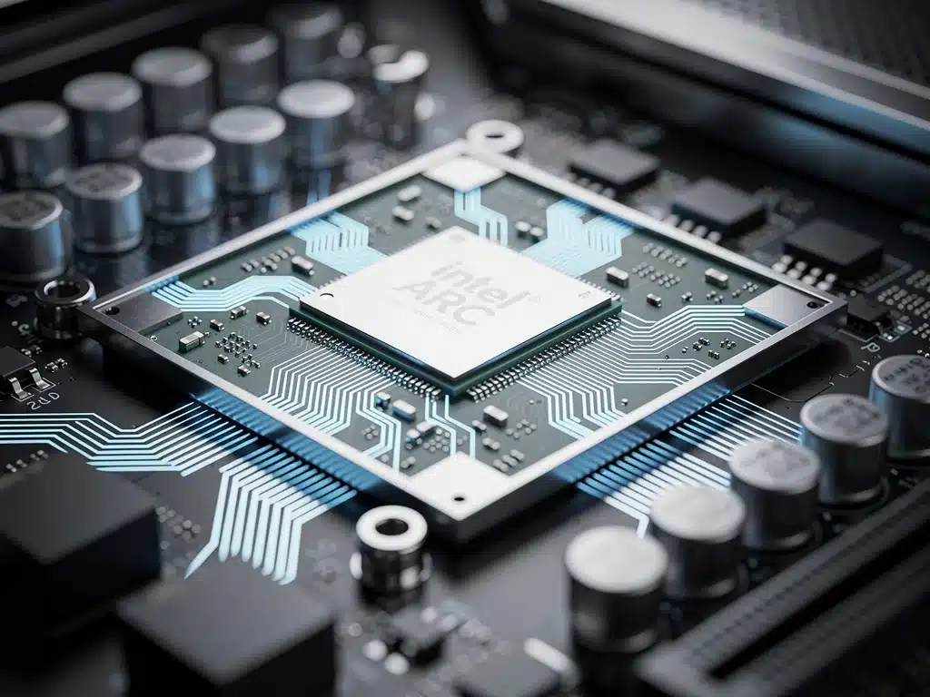 Close-up of Intel Arc integrated graphics chip on motherboard