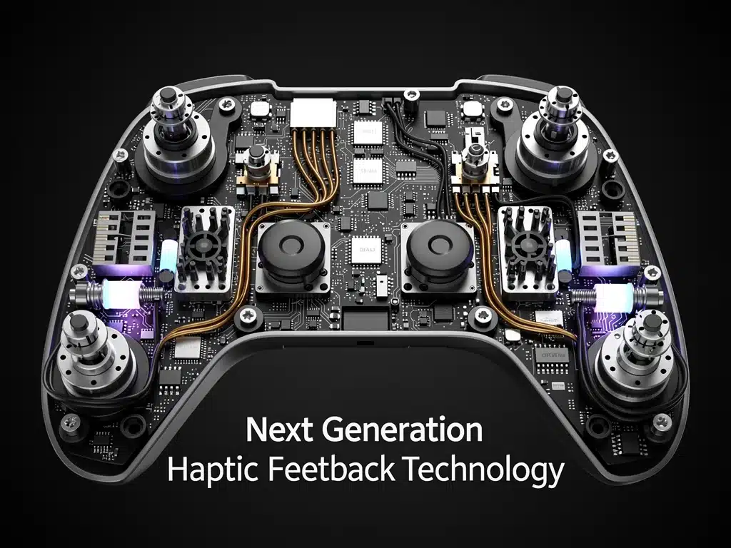 Internal view of a gaming controller showing advanced haptic actuators and circuitry for enhanced feedback.