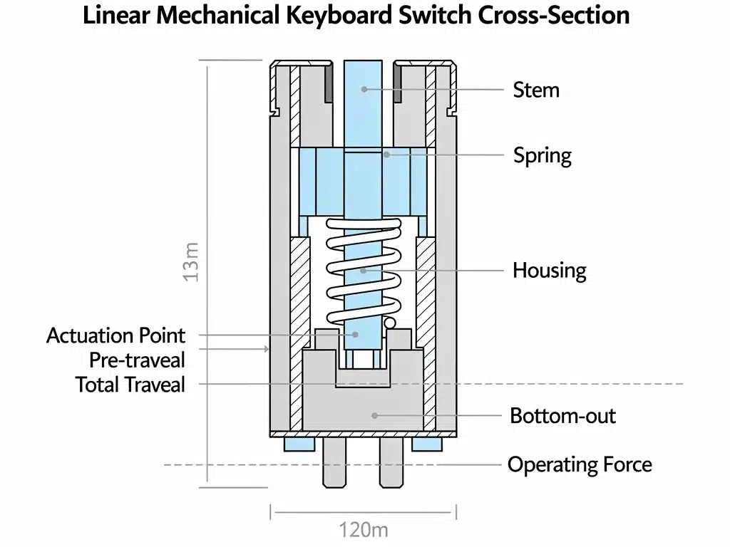 Diagram illustrating the internal components of a linear mechanical keyboard switch