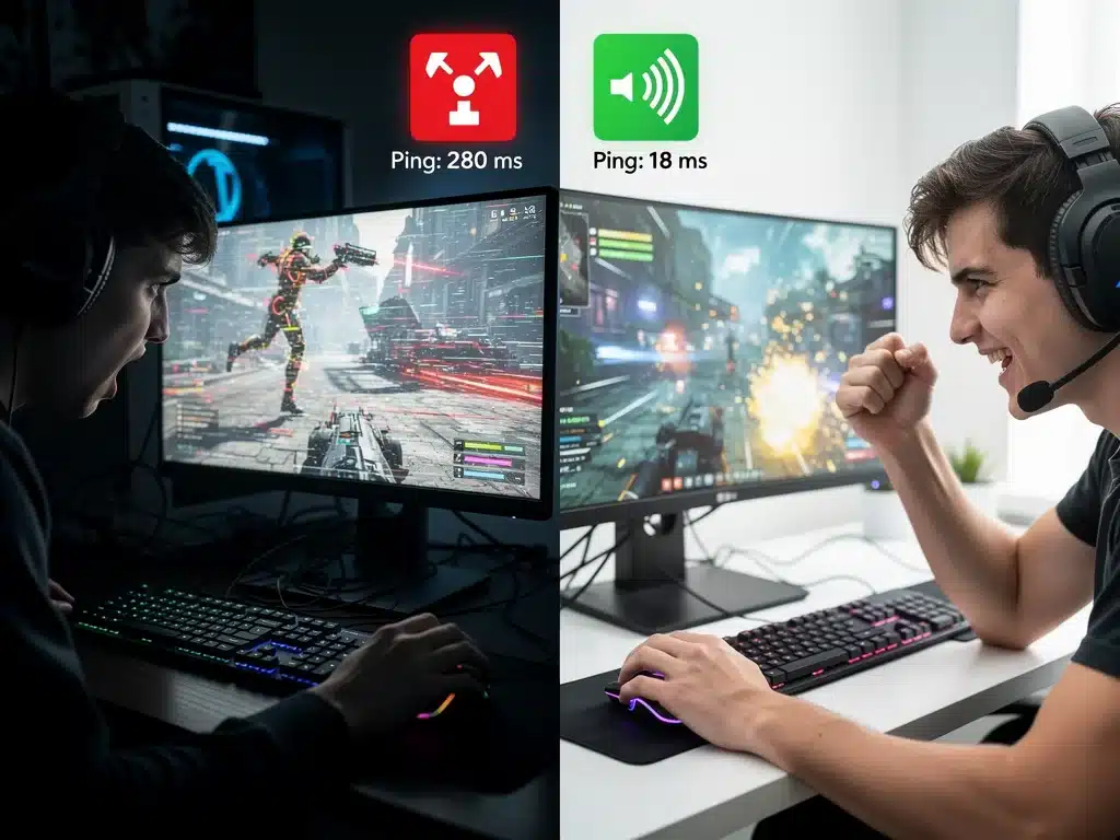 Visual comparison of high ping lag versus smooth gameplay with an optimized gaming network.