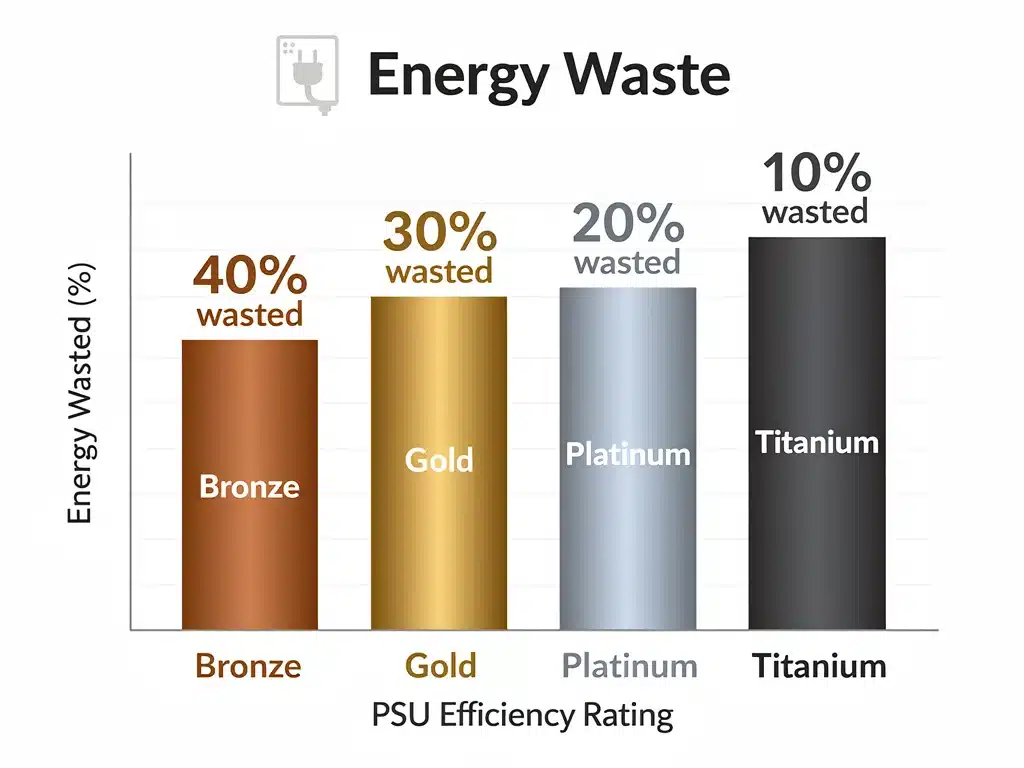 Energy waste comparison chart for various 80 Plus PSU efficiency ratings