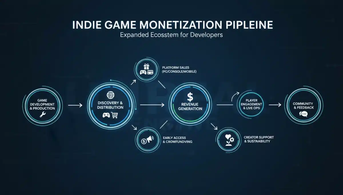 Graphic illustrating new monetization options and community support for indie developers.